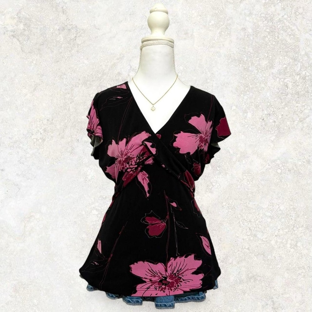 Floral V-Neck Black and Pink Women's Top